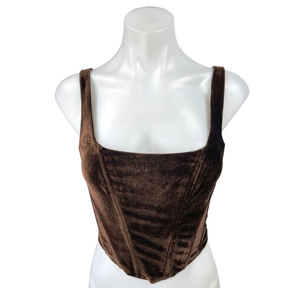 NEW Isalis Brown Velvet Velour Sleeveless Square Neck Corset Crop Tank Top Sz S - Picture 1 of 4
